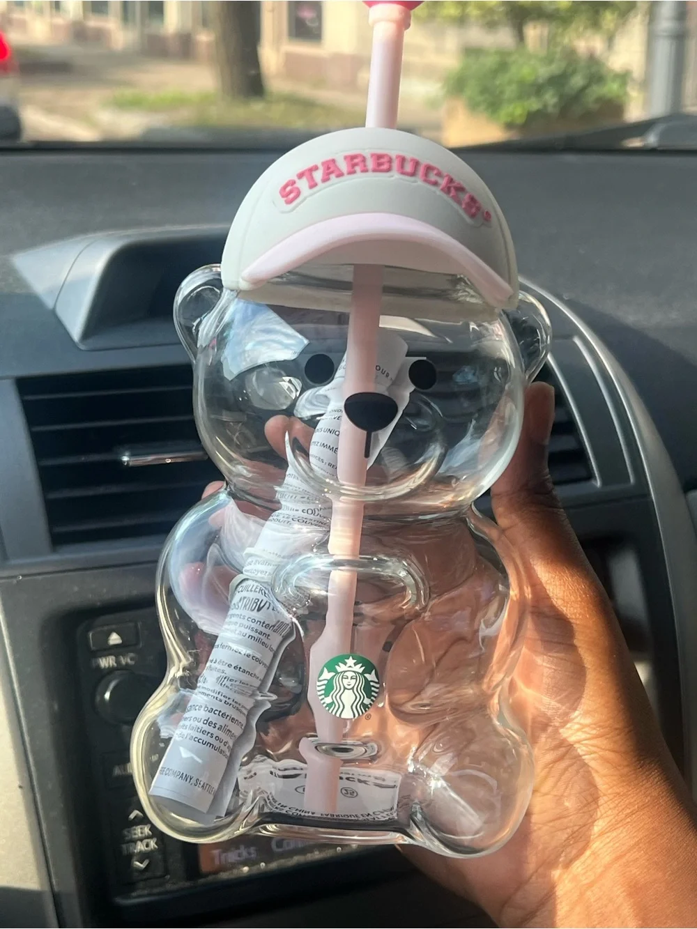 Starbucks Clear Bear Tumbler with Pink Straw and Cream Lid